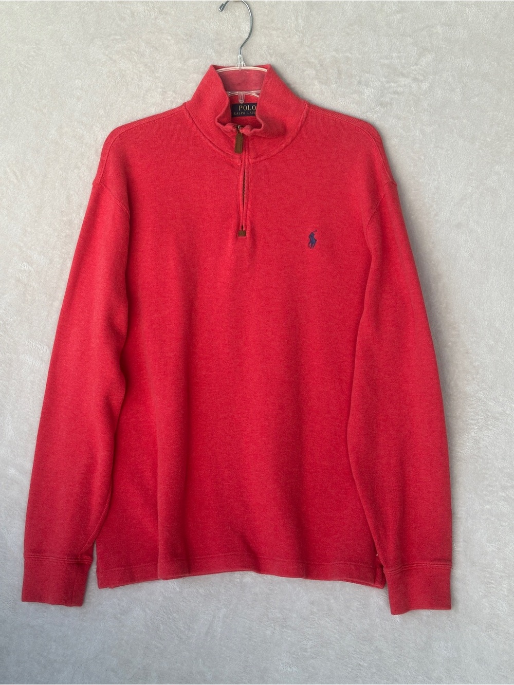 100% cotton Polo by Ralph Lauren Red Quarter-Zip Pullover with Navy Polo Logo